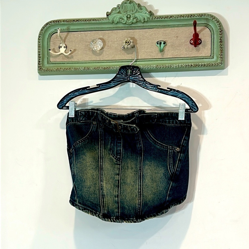 Denim buckle bustier strapless top Y2K fade wash stretch denim women’s large new